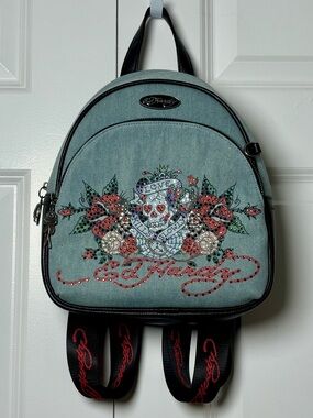 ED HARDY Denim Love Kills Slowly Rhinestone Embellished Backpack